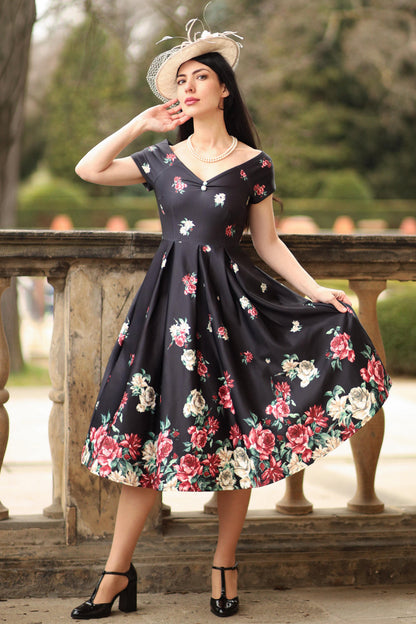 Lily Black Falling Rose Off Shoulder Dress