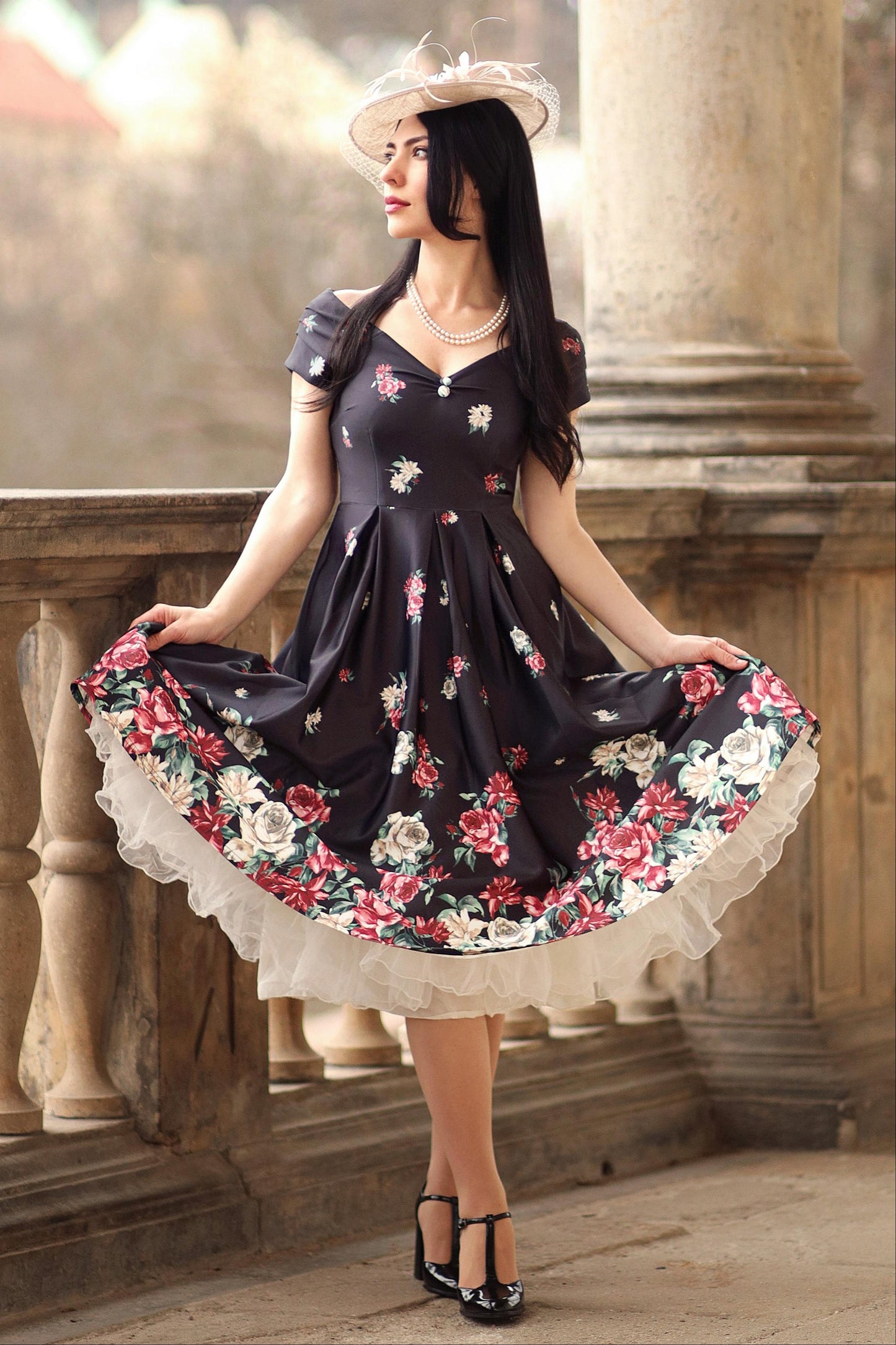 Lily Black Falling Rose Off Shoulder Dress