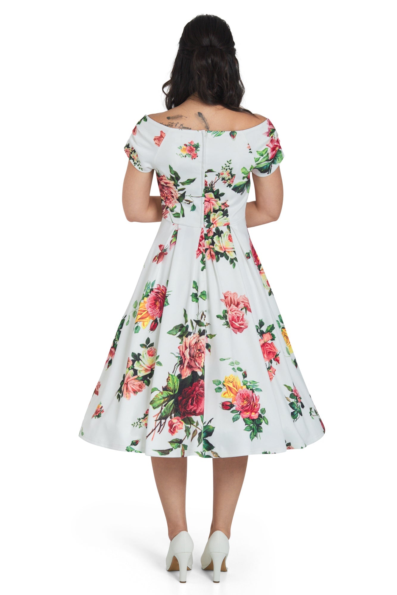 Lily Off Shoulder Rose Swing Dress In White