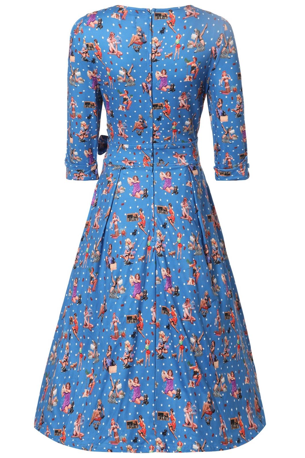 Katherine Blue Pinup Girl Long Sleeved Dress
