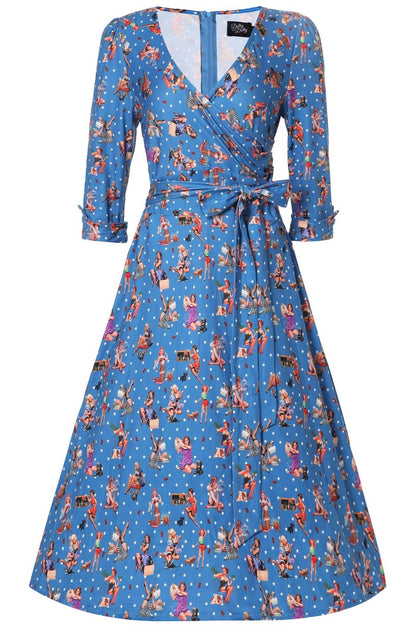 Katherine Blue Pinup Girl Long Sleeved Dress
