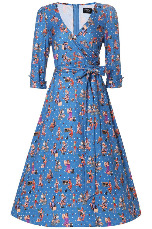 Katherine Blue Pinup Girl Long Sleeved Dress