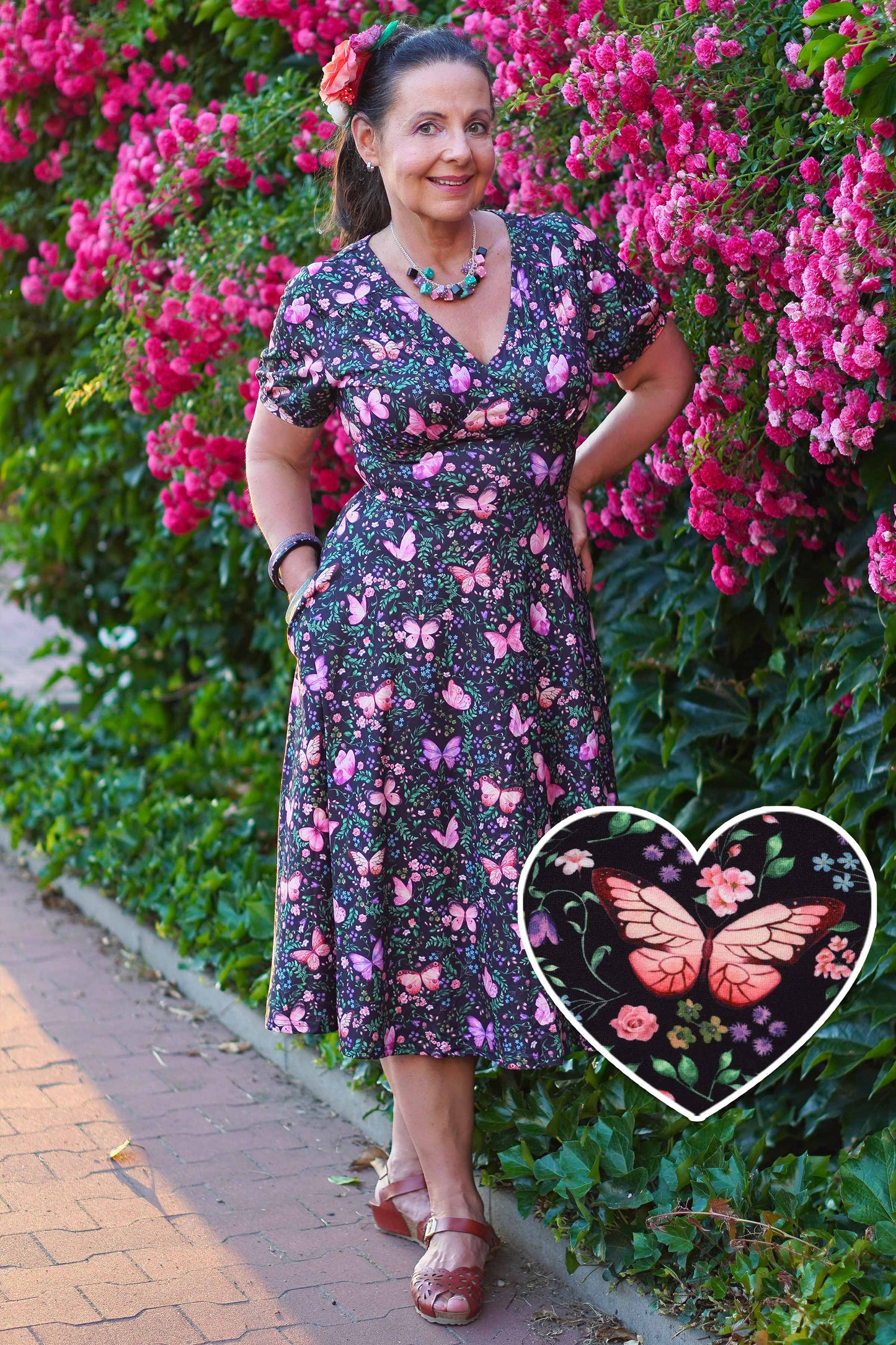 Julia Butterfly Garden Midi Dress In Black