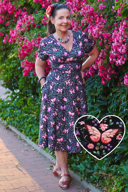 Julia Butterfly Garden Midi Dress In Black
