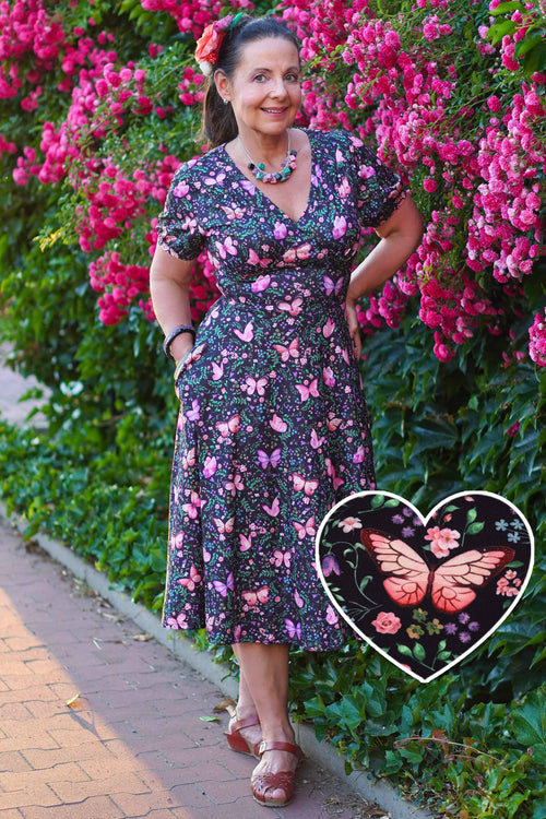 Julia Butterfly Garden Midi Dress In Black
