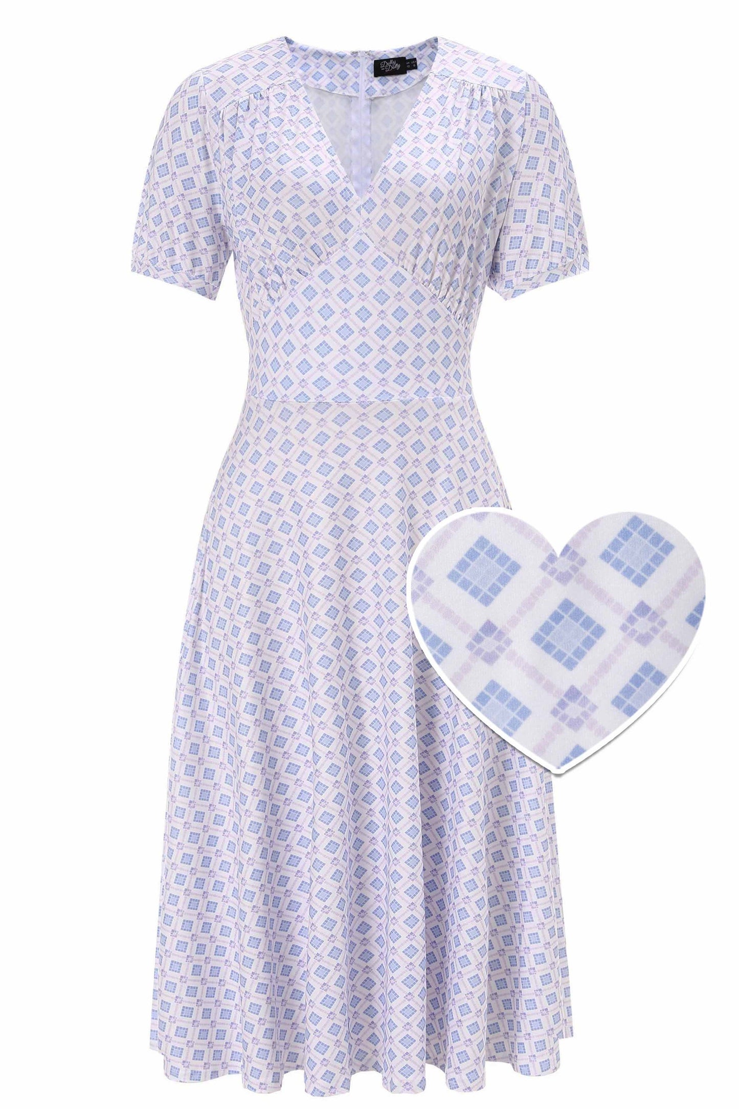 Julia 40s Blue Midi Dress In Geometric Diamond Print
