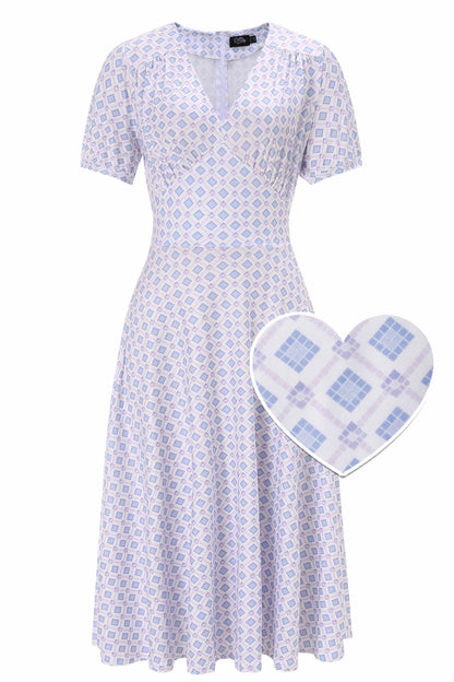 Julia 40s Blue Midi Dress In Geometric Diamond Print