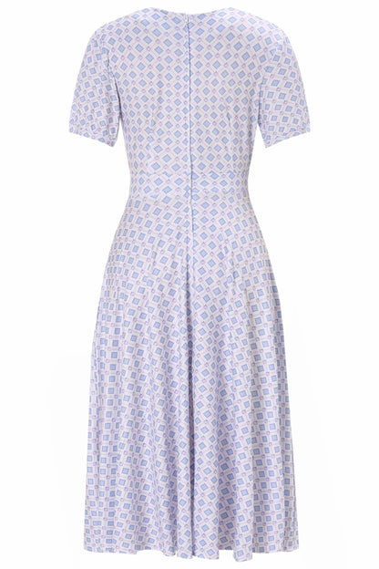 Julia 40s Blue Midi Dress In Geometric Diamond Print