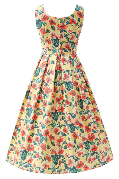 Ophelia Yellow Tropical Hibiscus Midi Dress