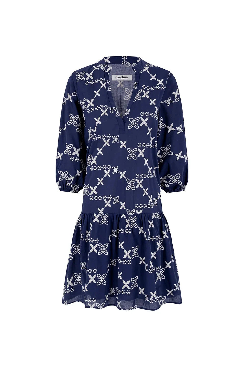 Valeria Embroidered Mid Sleeve Dress in Navy