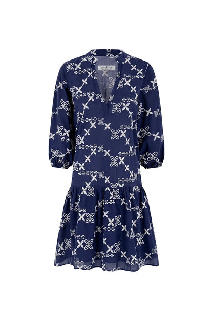 Valeria Embroidered Mid Sleeve Dress in Navy