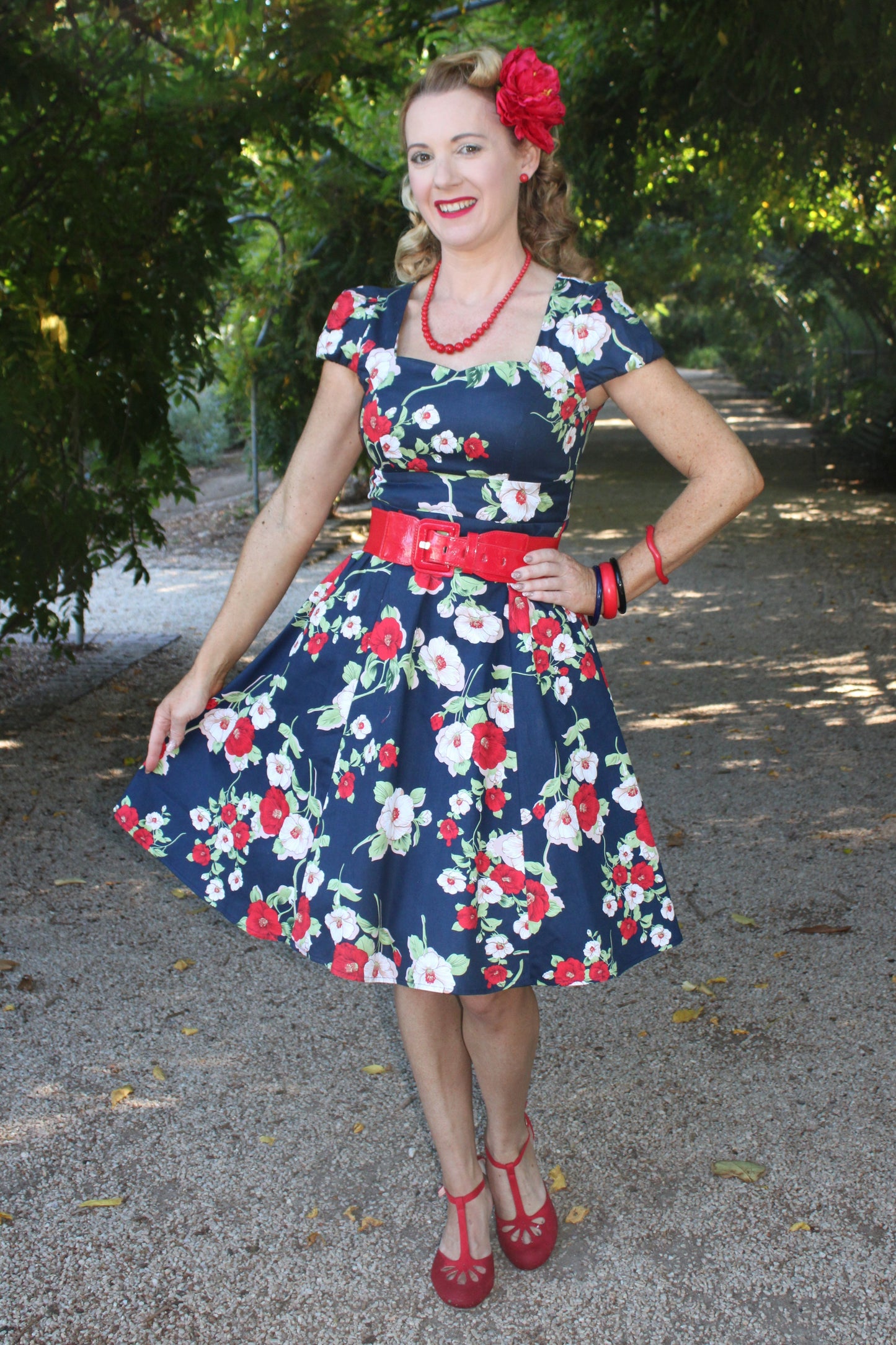 Claudia Navy & White Red Floral Swing Dress