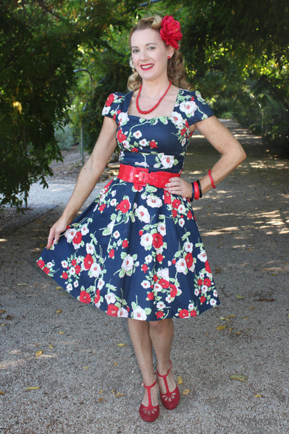 Claudia Navy & White Red Floral Swing Dress
