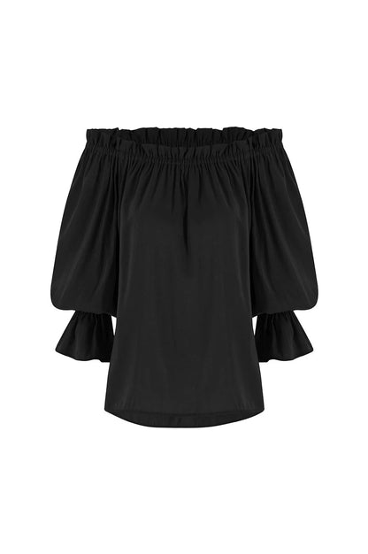 Vittoria Frill Trim Off Shoulder Long Sleeve Top Black