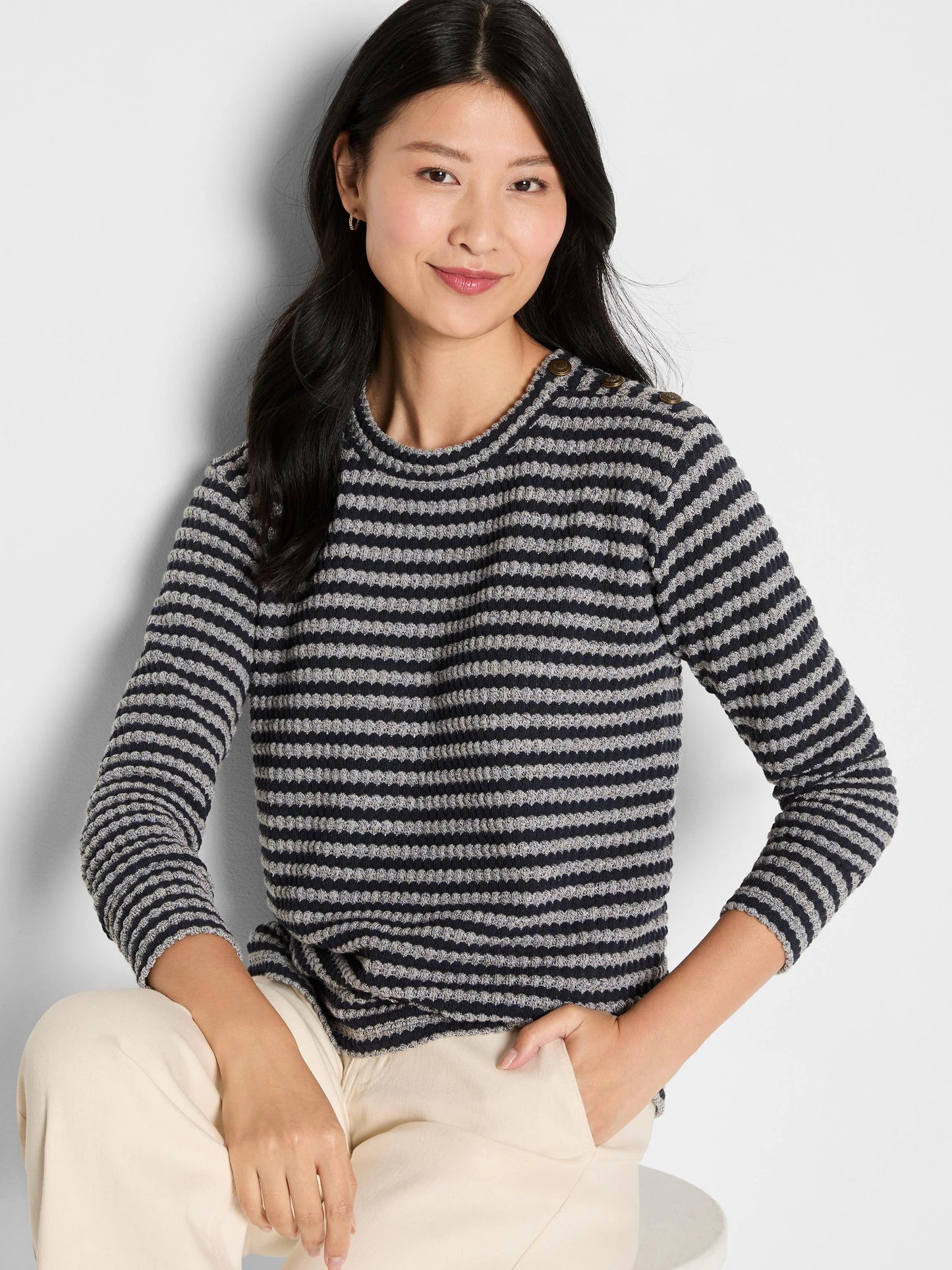 Texture Stripe Button Shoulder Top