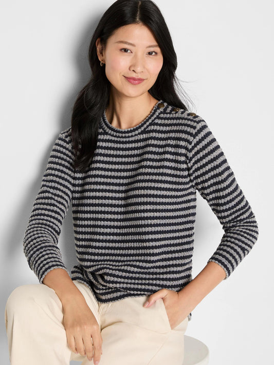 Texture Stripe Button Shoulder Top