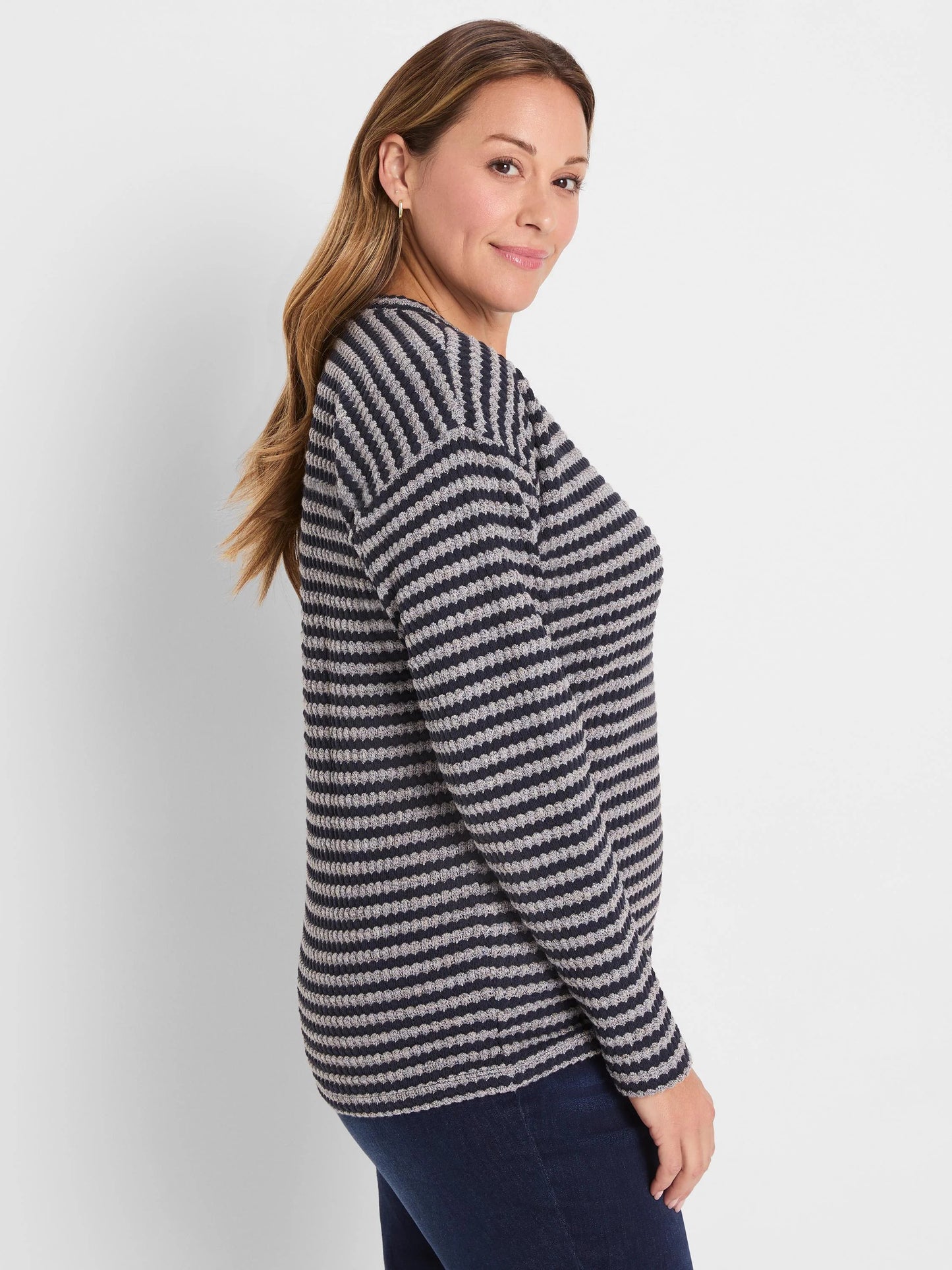 Texture Stripe Button Shoulder Top