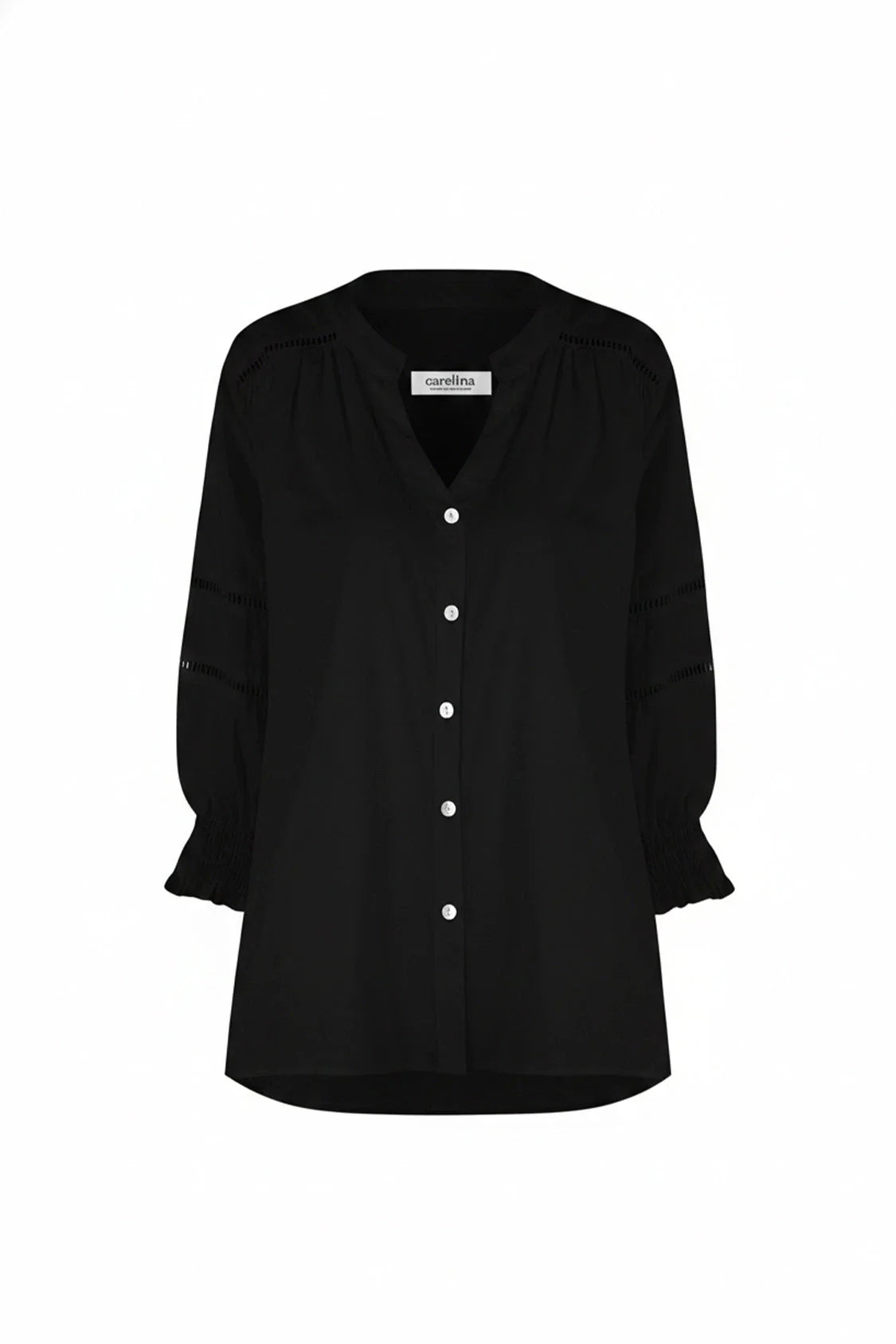 Whittney 3/4 Sleeve Smocked Cuffs V-Neck Top Black