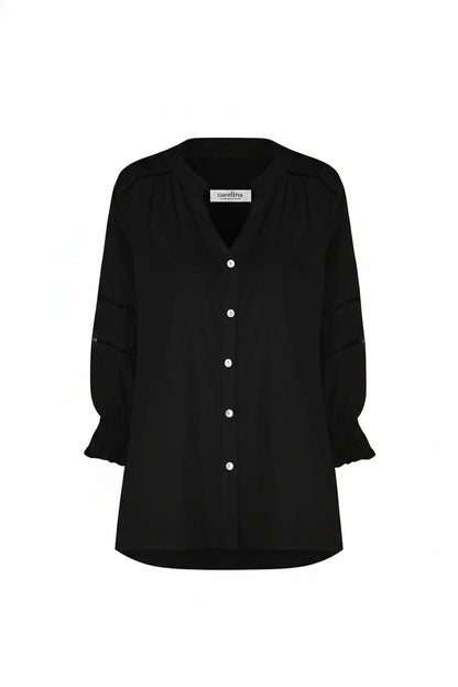 Whittney 3/4 Sleeve Smocked Cuffs V-Neck Top Black