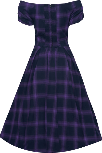 Lily Purple Tartan Check Off-Shoulder Swing Dress