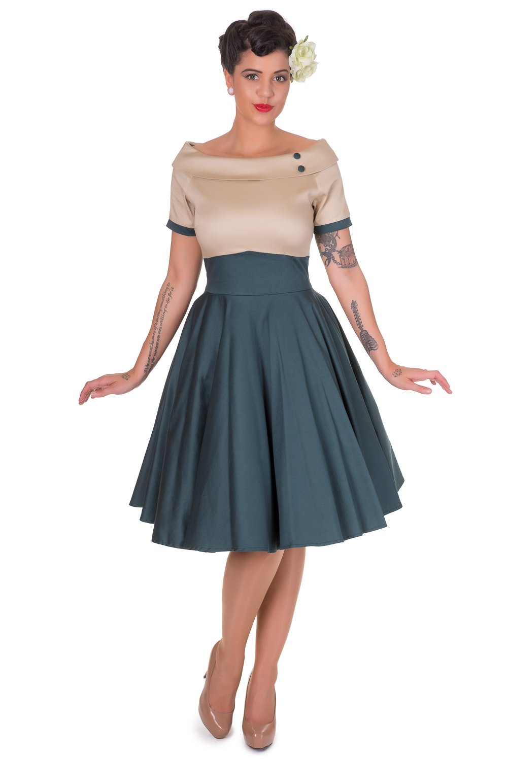 Darlene Retro Beige/Dark Green Swing Dress