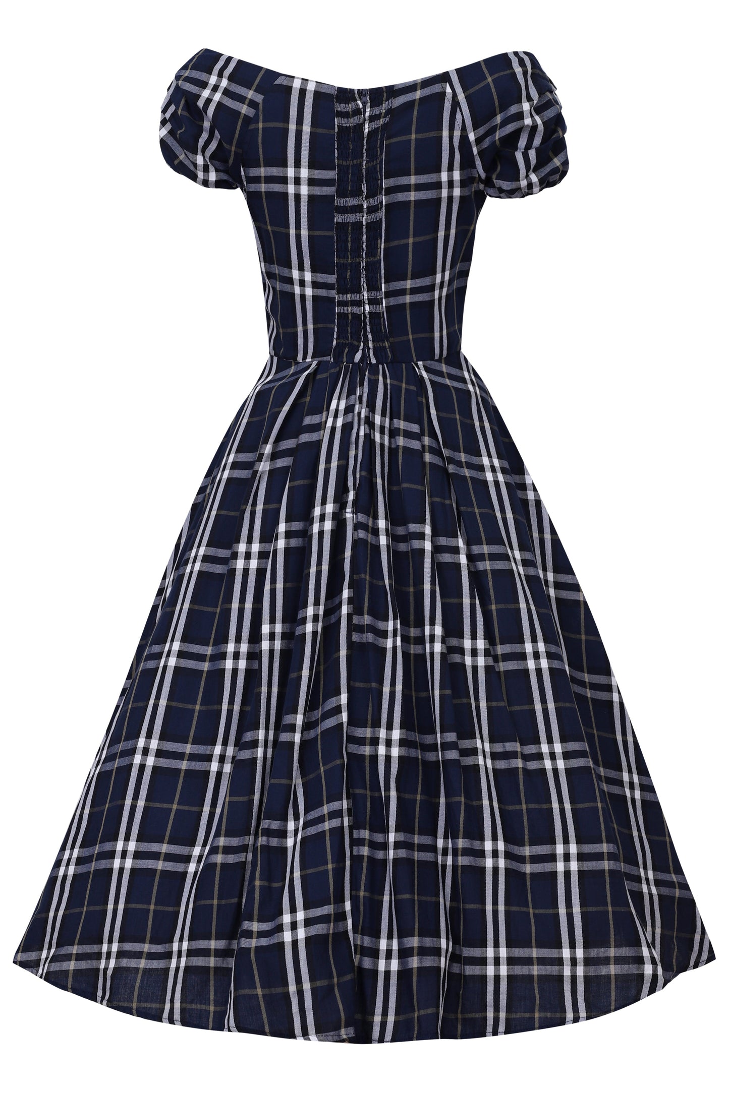 Lily Dark Blue Tartan Off Shoulder Swing Dress