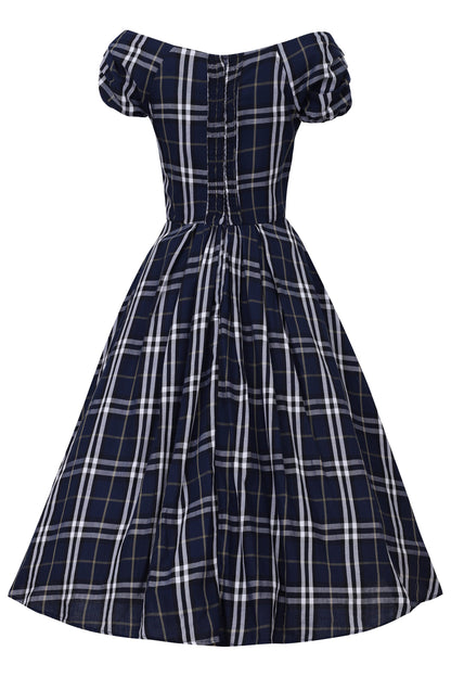 Lily Dark Blue Tartan Off Shoulder Swing Dress