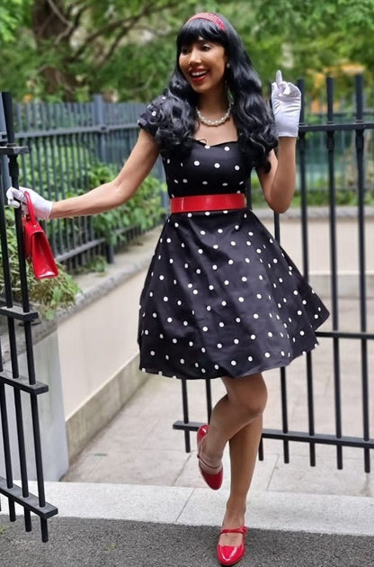 Claudia Flirty Fifties Style Polka Dot Dress In Black & White