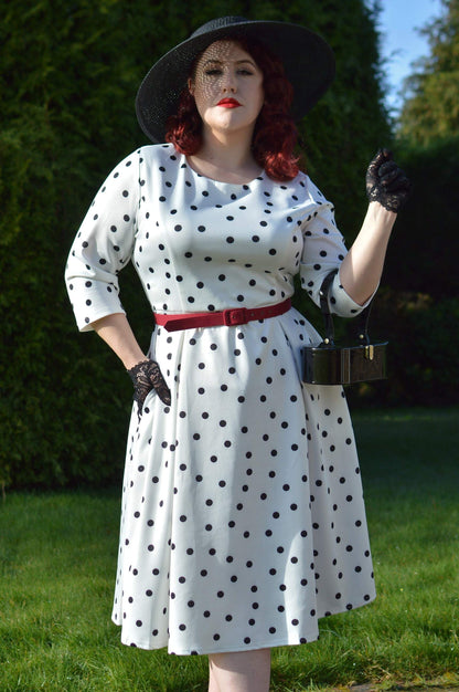 Beatrix Long Sleeved White/Black Polka Dot Midi Dress