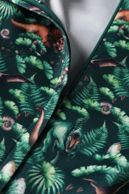 Amanda Dinosaur Forest Flared Dress in Dark Green