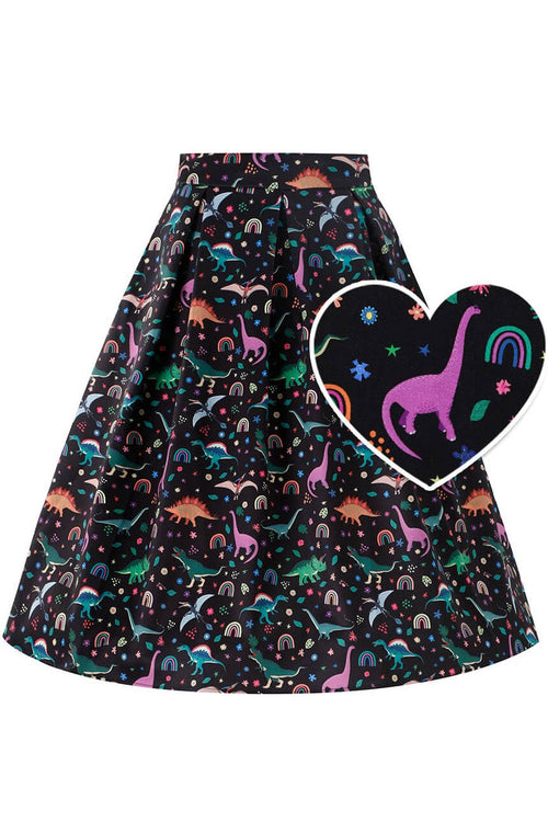 Aisley Dinosaur Pleated Midi Skirt In Black