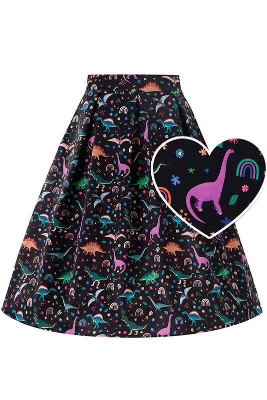 Aisley Dinosaur Pleated Midi Skirt In Black