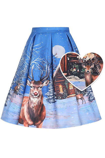 Aisley Snowy Christmas Night Reindeer Midi Skirt