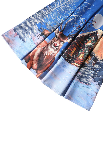 Aisley Snowy Christmas Night Reindeer Midi Skirt