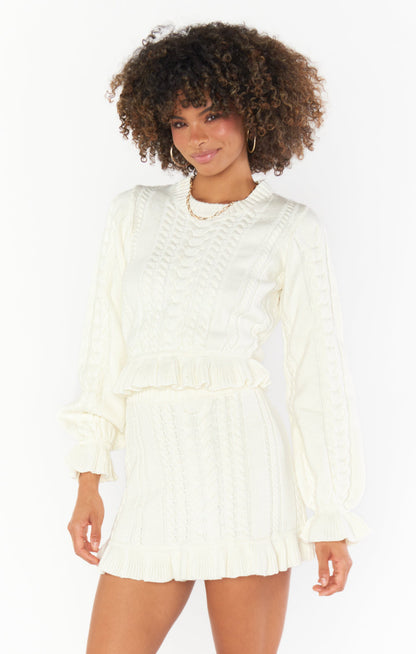 Ridley Ruffle Sweater ~ Cream Cable Knit
