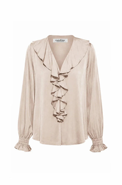 Alyssa Ruffle V-Neck Long Sleeve Top Taupe