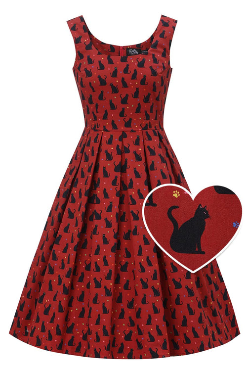Amanda Black Cat Swing Dress In Burgundy