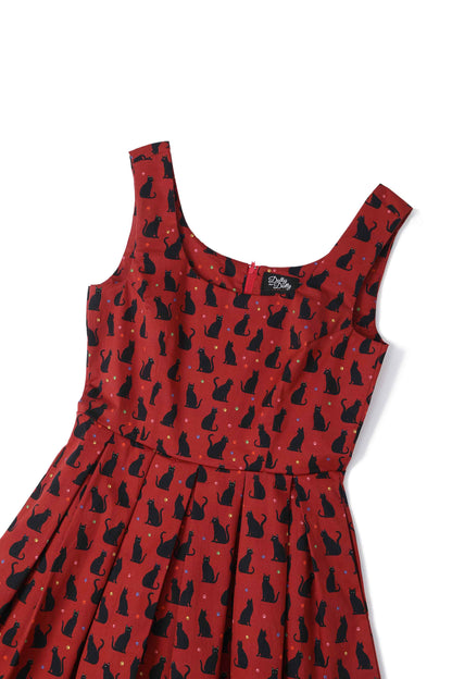 Amanda Black Cat Swing Dress In Burgundy