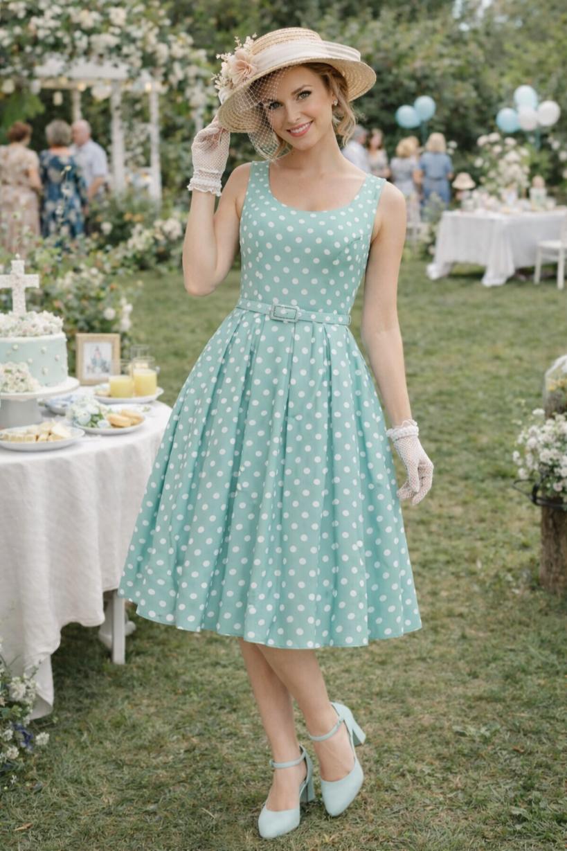 Amanda Polka Dot Flared Dress In Smoke Green