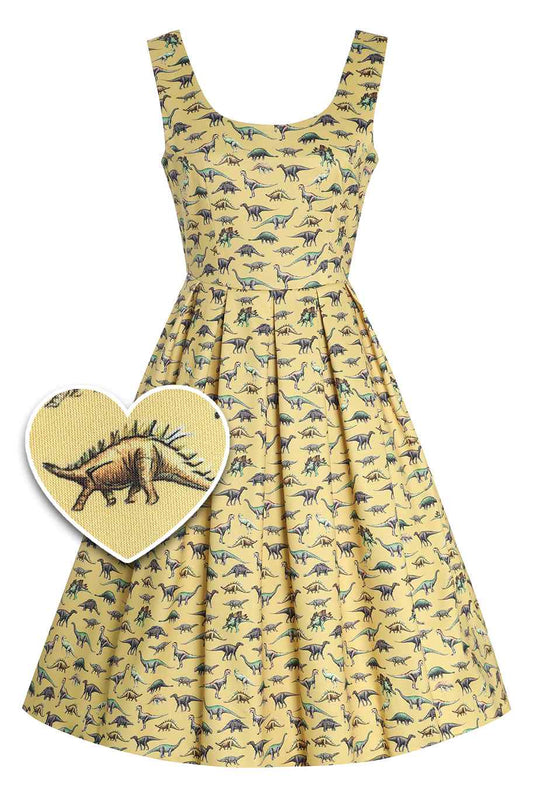 Amanda Yellow Antique Dinosaur Flared Dress