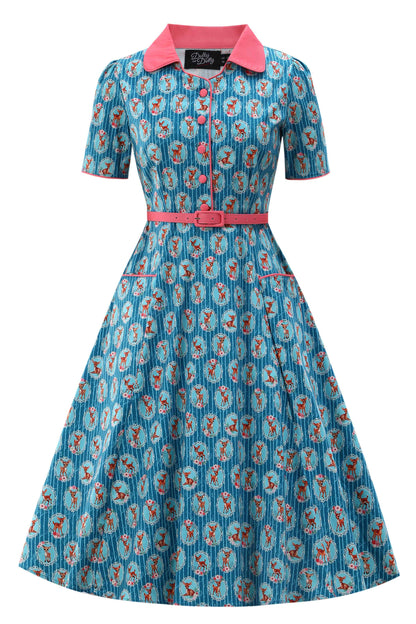 Mabel Baby Deer Midi Shirt Dress In Blue