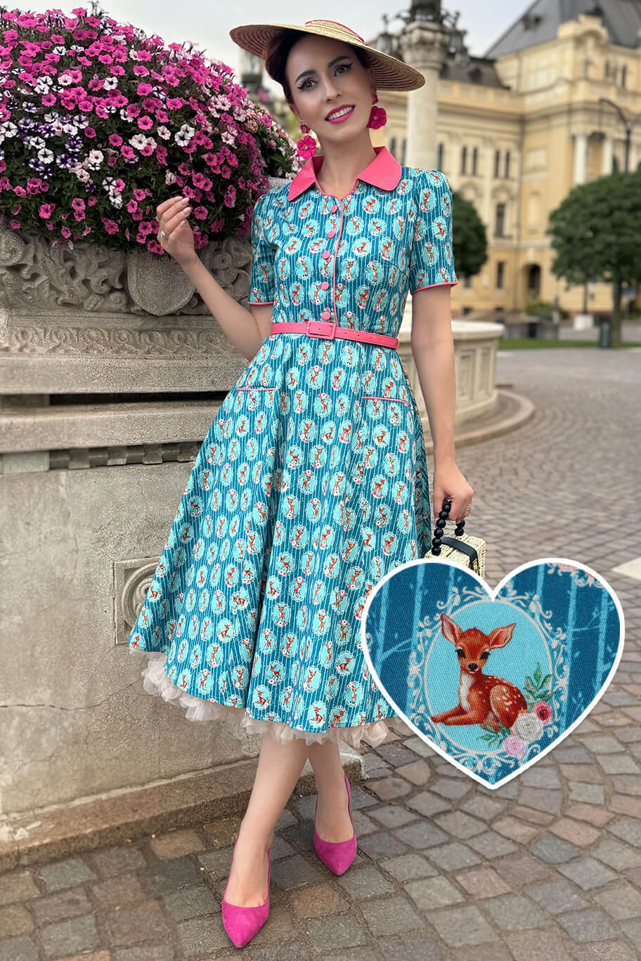 Mabel Baby Deer Midi Shirt Dress In Blue