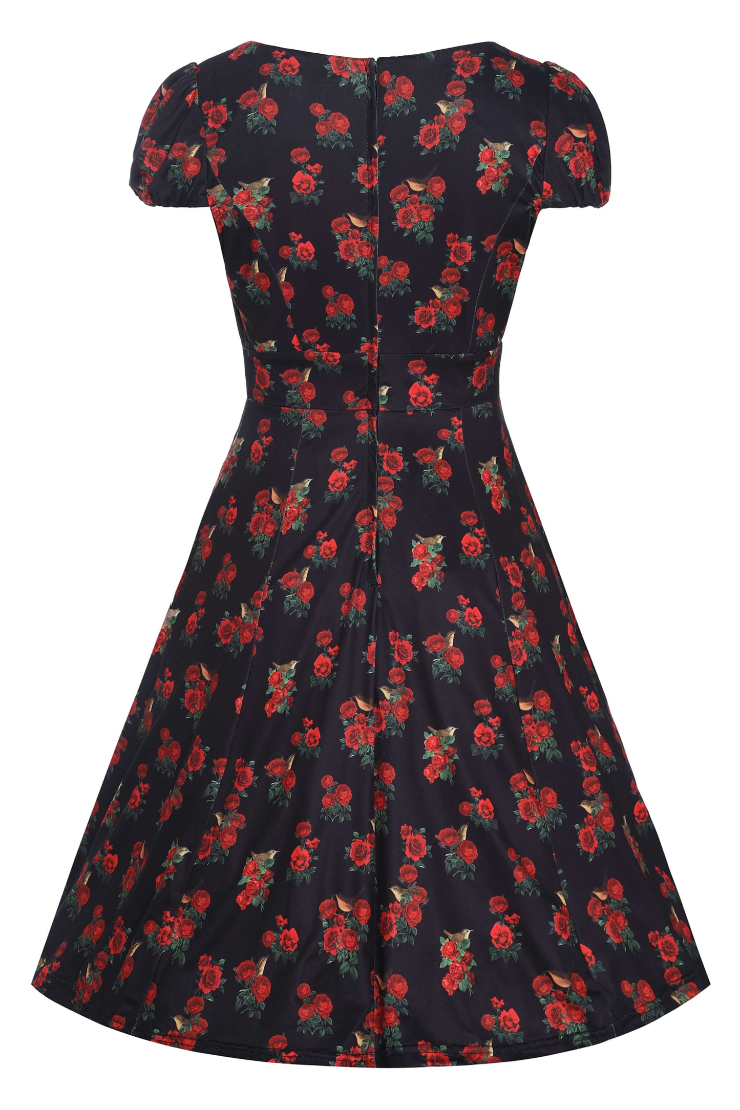 Claudia Black Cap Sleeved Dress with Red Roses & Birds