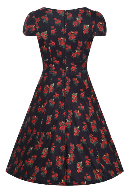 Claudia Black Cap Sleeved Dress with Red Roses & Birds