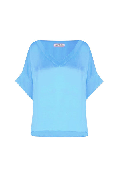 Bianca Short Sleeve Top Ocean Blue with V Neck
