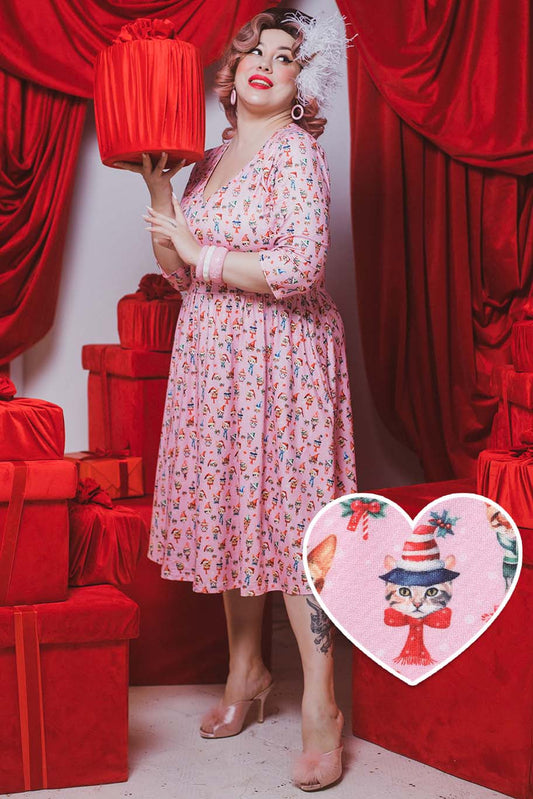 Billie Pink Christmas Cat Flared Dress