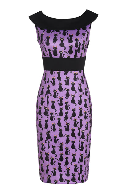 Darla Black Cat Roll Collar Wiggle Dress In Purple