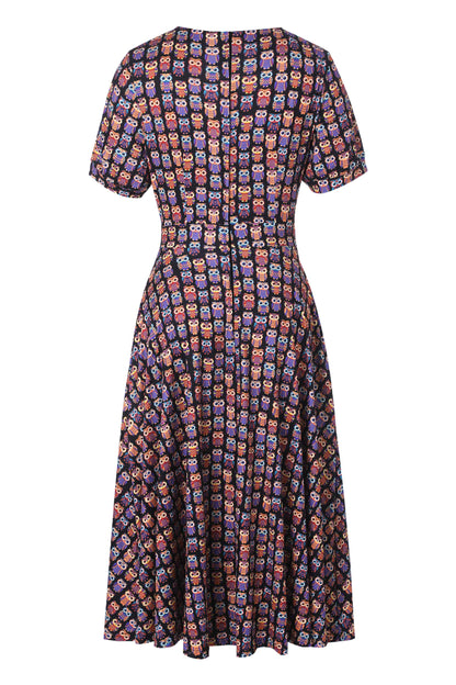 Julia Black Midi Dress in Aztec Owl Print
