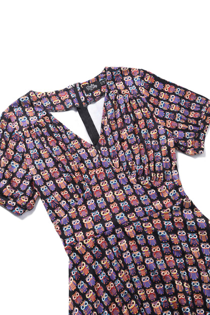 Julia Black Midi Dress in Aztec Owl Print