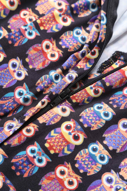 Julia Black Midi Dress in Aztec Owl Print